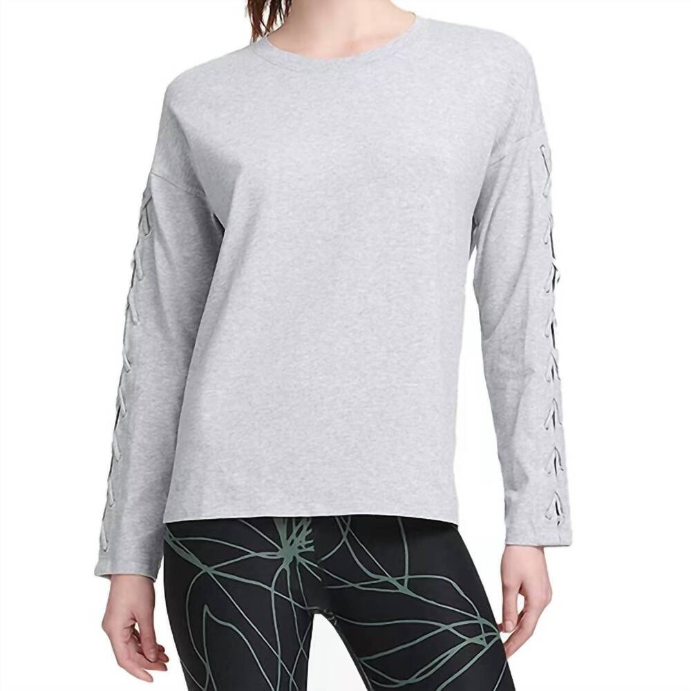 NEW DKNY lace up long sleeve jewel neck top in pearl heather
